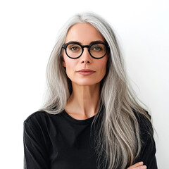 Obraz premium Portrait of beautiful white European woman with gray long hair and glasses, isolated on white background