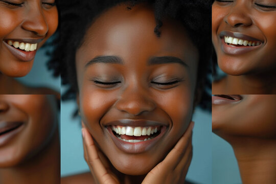 Series Of Close Up Photos Of A Young Beautiful African Woman Having A Day For Beauty And Different Cosmetic Treatments With All Kind Of Different Facial Expressions