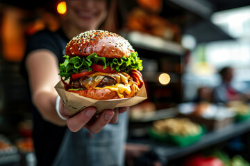 A fast food street food vendor with a freshly made cheeseburger - obrazy, fototapety, plakaty