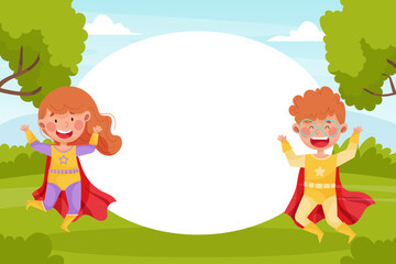 Cute Superhero Kids Wearing Cloak Empty Card Vector Template