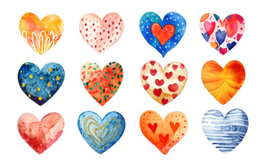 Set of different hearts with patterns. Watercolor illustration