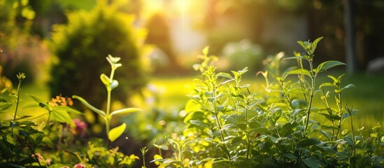 Obraz premium Sunlit garden with young plants.