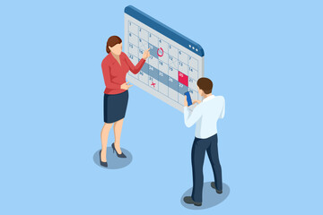 Isometric Reminder, Planning Day Scheduling Appointment in Calendar Application. Businessman Manages Time for effective Work