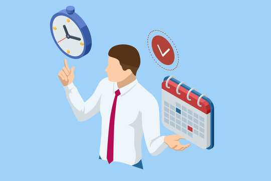 Isometric Reminder, Planning Day Scheduling Appointment in Calendar Application. Businessman Manages Time for effective Work