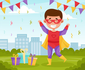 Cute Superhero Boy Kid Wearing Cloak Vector Illustration