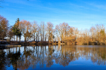 View over the Swan Lake with swans and water birds near Mering on a cold winter's day with a blue sky