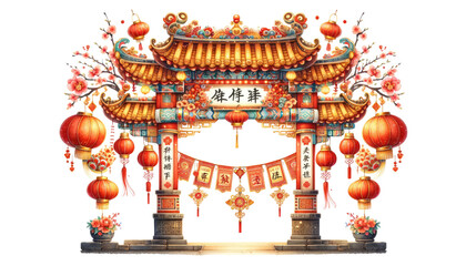 Watercolor traditional Chinese monumental arch with red lanterns and flowers isolated on transparent background.