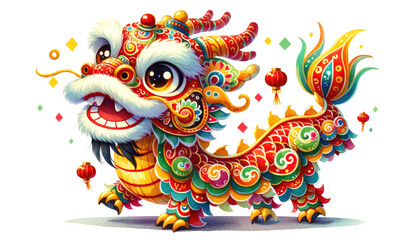 Watercolour cute Chinese dragon dance isolated on transparent background. Chinese new year Lunar collection. - obrazy, fototapety, plakaty