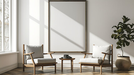 Two armchairs in room with white wall and big frame poster on it. Scandinavian style interior design of modern living room