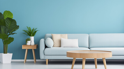 Scandinavian home interior design of modern living room. Round coffee table near blue sofa. Wooden shelf with home decor and houseplant against blue wall with copy space. Scandinavian home interior