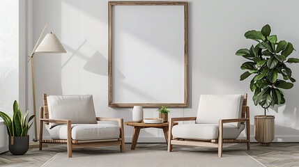 Two armchairs in room with white wall and big frame poster on it. Scandinavian style interior design of modern living room