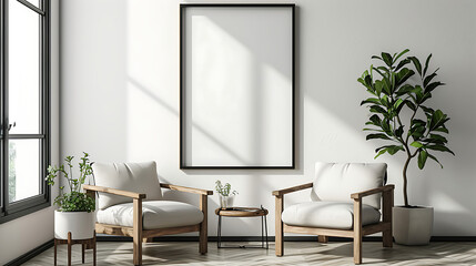 Two armchairs in room with white wall and big frame poster on it. Scandinavian style interior design of modern living room