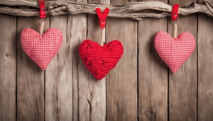 Rustic love - handmade hearts hanging on wooden background