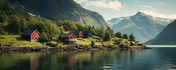 Red traditional Norwegian houses in Norwegian nature with fjords. Generative ai
