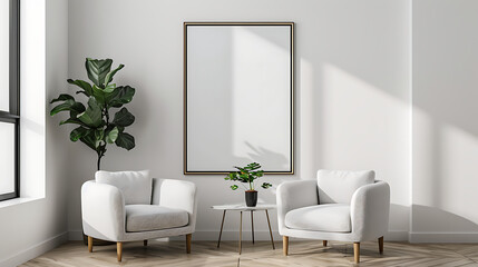 Two armchairs in room with white wall and big frame poster on it. Scandinavian style interior design of modern living room