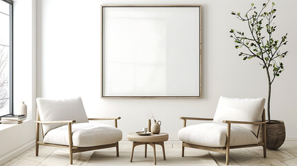 Two armchairs in room with white wall and big frame poster on it. Scandinavian style interior design of modern living room