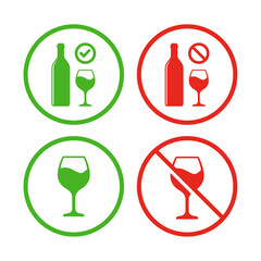 No alcohol sign and alcohol allowed sign symbol vector illustration. Prohibition sign set for alcohol. Vector illustration