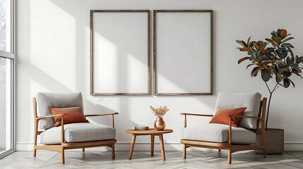 Two armchairs in room with white wall and big frame poster on it. Scandinavian style interior design of modern living room