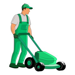 Vector illustration of a man. Mowing the lawn with a lawnmower