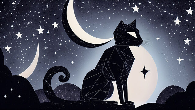 Illustration of a cosmic geometric cat with stars and moon in the background in shades of gray 4K