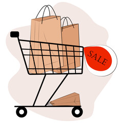 Trolley with packages. Vector flat illustration of marketing concept.