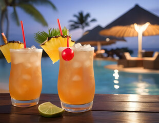 Hawaii, mai tai, drinks, bar, travel, vacation. Pool night party