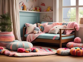 Blankets with a pillow and a wonderful children's toy. The room's floor is wooden
