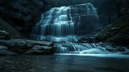 Foto op Canvas A long exposure shot of a waterfall at night, with the moonlight casting a mystical glow on the cascading water © Евгений Архипов
