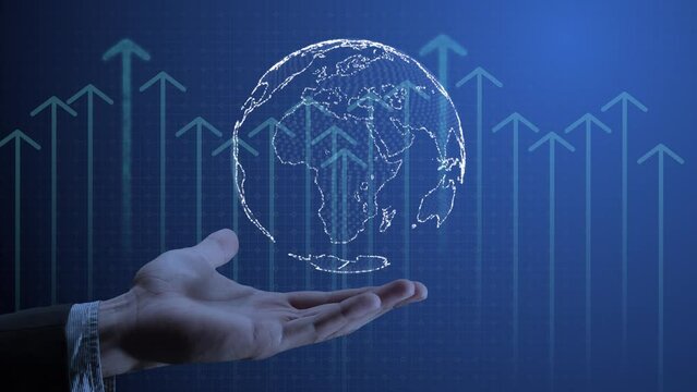 CG Footage with an open palm of the hand over which the globe rotates on a blue background on which arrows are moving