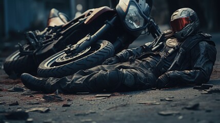 Fototapeta na wymiar a motorcyclist on the road and his motorbike crashes laid next to him