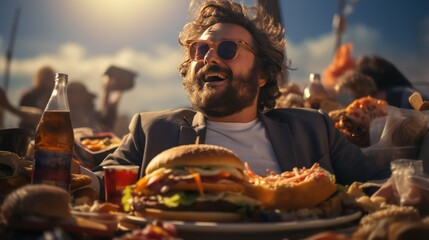 Handsome young man with curly hair eating hamburger at outdoor party