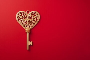 Golden heart key isolated on red background. Love and understanding concept. Copy space.