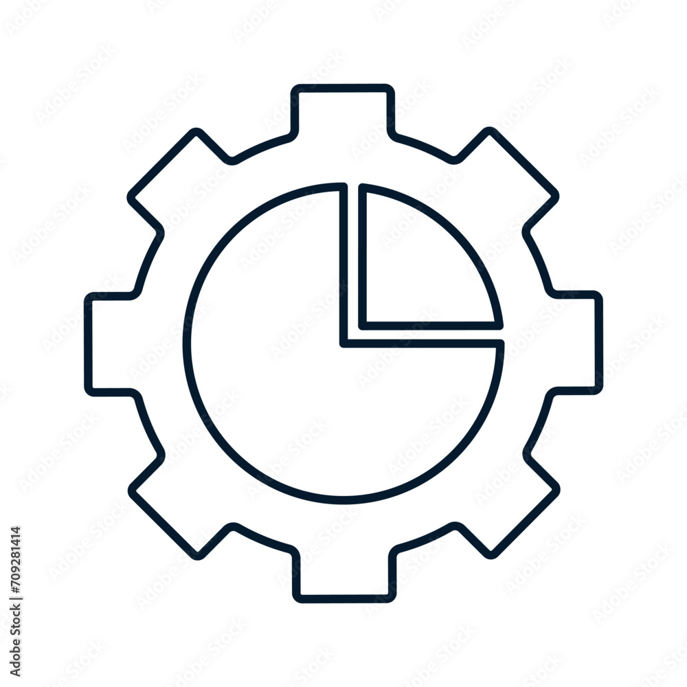Poster pie chart and gear. concept of a stage of the production process. vector linear icon isolated on whi