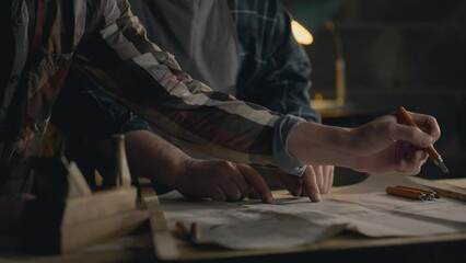 Two fellow employees are studying drawings of wooden parts for manufacturing. In the workroom. Concept. Young engineers are planning work offering various ideas. brainstorm