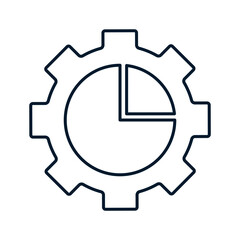 Pie chart and gear. Concept of a stage of the production process. Vector linear icon isolated on white background.