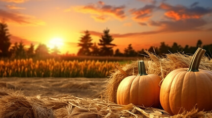 Hyper realistic pumpkins on hay bales, fall aessthetic panorama created with Generative Ai