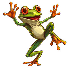 grüner lustiger Frosch in freudiger tanzender Pose auf einem Bein. Isoliert, transparent und freigestellt als png. Generative Ai.