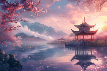 beautiful sunrise over the water of a japanese temple - obrazy, fototapety, plakaty