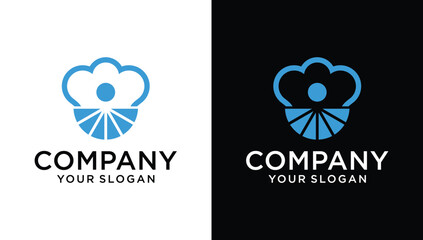 Chef logo sign vector outline, linear style pictogram isolated on blue