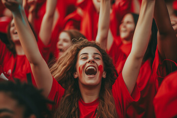 fans scream in red at a soccer match - obrazy, fototapety, plakaty