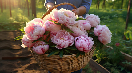 Obraz premium Wooden basket with hyper realistic beautiful king size pink blossoming peony flowers in the hands of a farmer created with Generative Ai