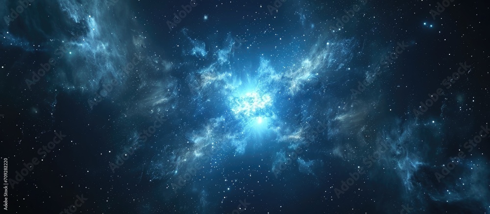 Poster computer generated rendering of a pentagon particle-filled blue nebula in deep space