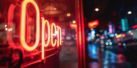 A blurred night street with neon 'Open' sign creates an abstract, atmospheric urban background. - obrazy, fototapety, plakaty