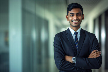 Fototapeta premium man dressed in suit smiling with arms folded