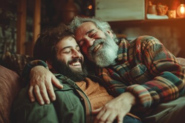 Fototapeta premium An adult son with a beard joyfully hugs his elderly father at home, both smiling and enjoying a relaxed, loving moment together on Father's Day.