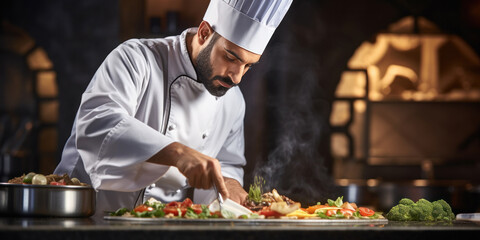 A handsome professional chef preparing a gourmet dinner in a restaurant kitchen.