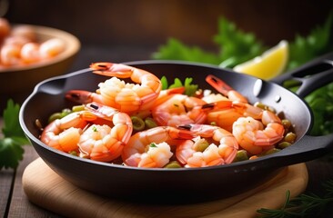 appetizing shrimps in a frying pan, close-up
