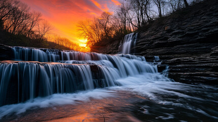 A cascading waterfall with a vibrant sunset in the background, casting warm hues on the rushing water