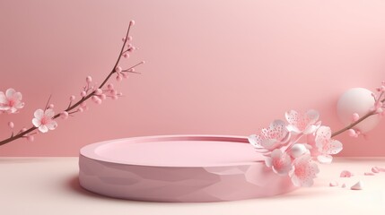 
cylindrical podium for the presentation of a cosmetic product on a pink background with fragments of sakura flowers