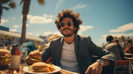 Tuinposter Handsome young man with curly hair and sunglasses is eating hamburgers in a cafe © Bilal